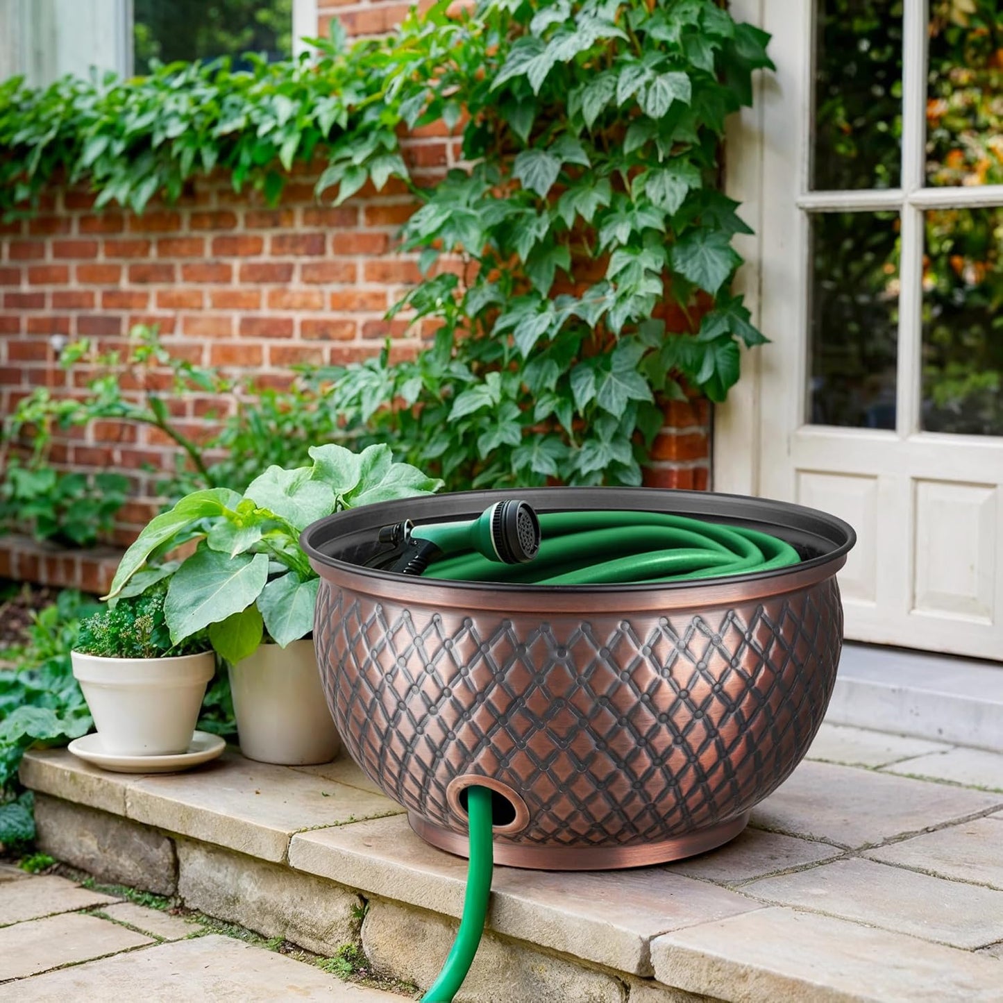 Monarch Abode Garden Hose Holder with Lid – Decorative Water Hose Holders for Outside, Diamond Embossed Metal Patina Pot with Drainage, 100ft Waterhose Holder for Outside, Garden Storage Caddy