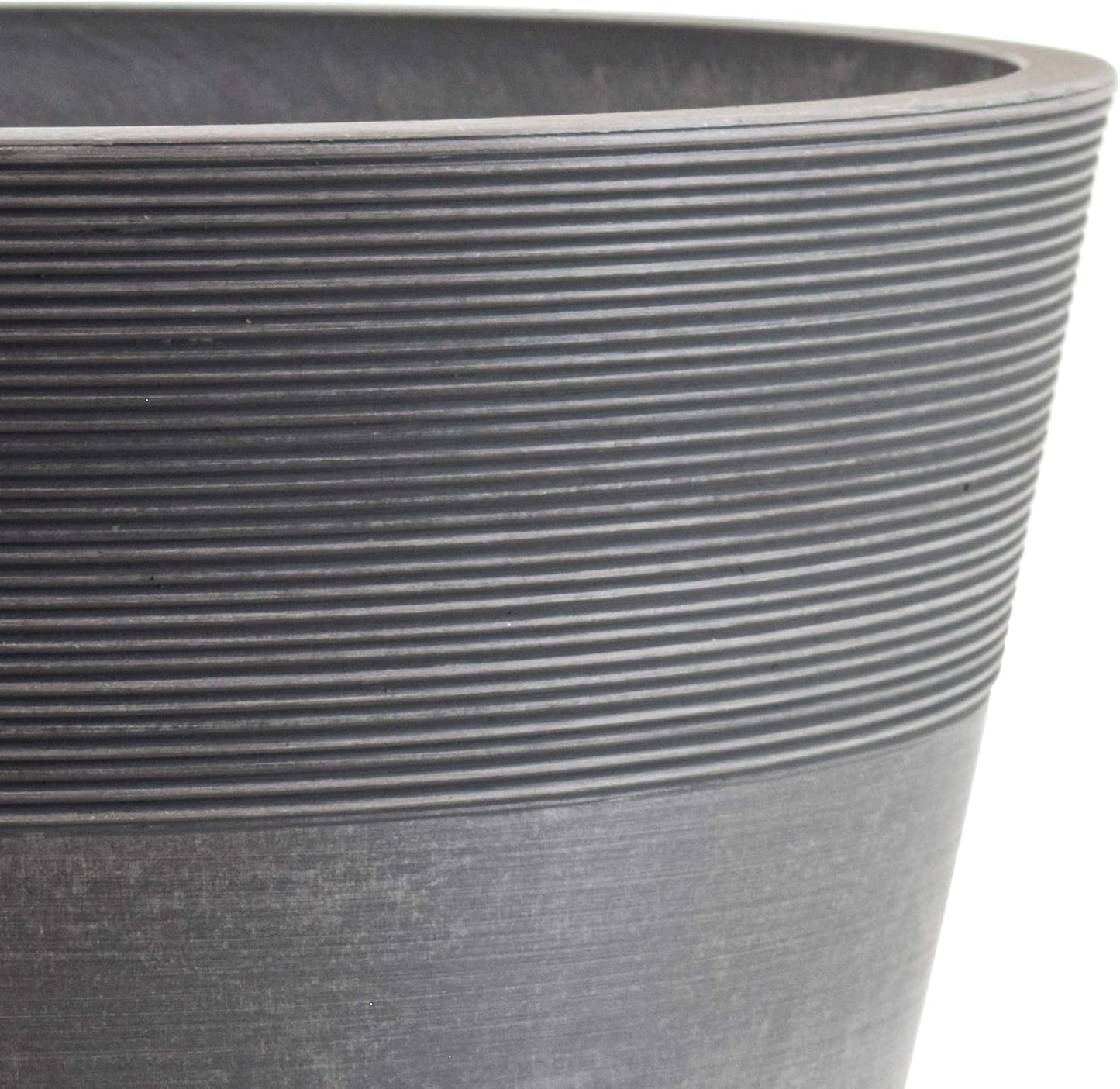 PSW Pot Collection 16-inch Plastic/Stone/Wood Composite Large Ribbed Planter – No Drainage Hole (Drillable), Indoor/Outer Garden Pot for Foliage, Trees, Flowers, Ferns, Cement Gray