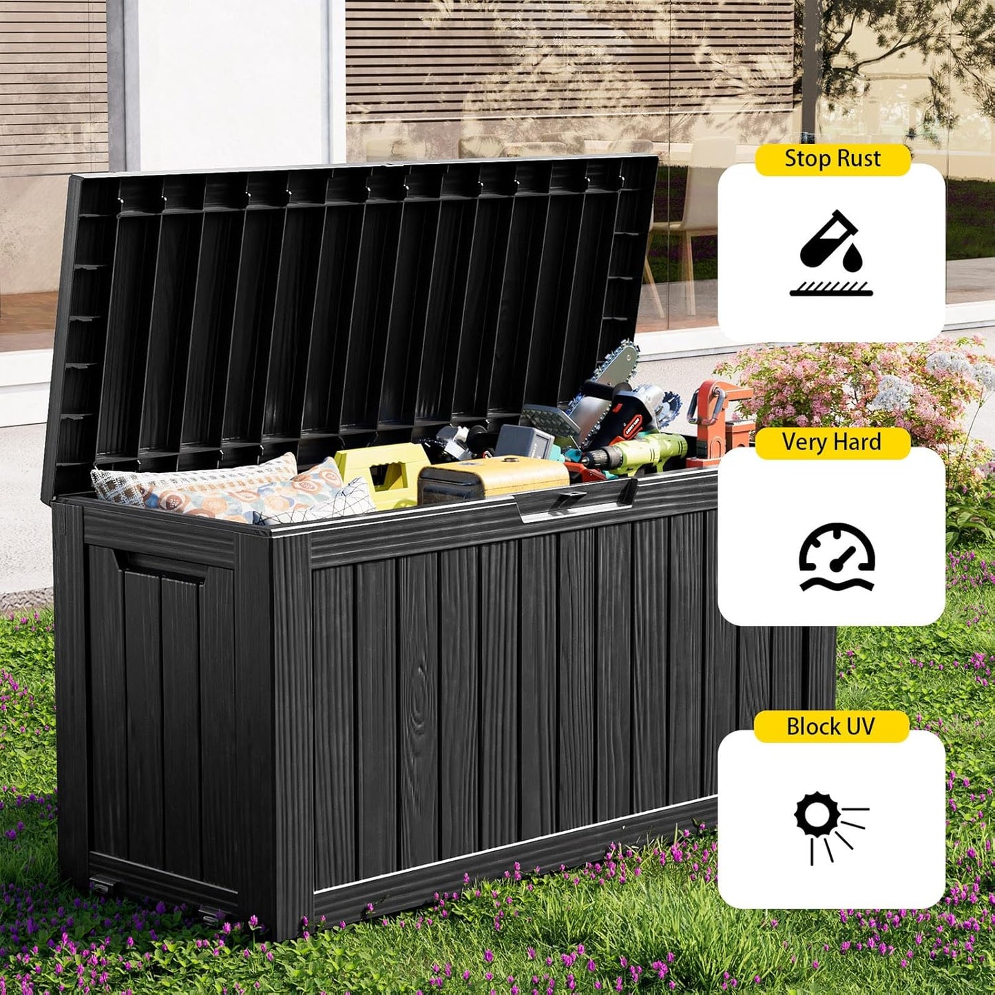 30 Gallon Outdoor Deck Box, Lockable Waterproof Outdoor Storage Boxes For Garden Tools,Indoor Cushions,Accessories Outside Storage Resin Weatherproof Container(Black)