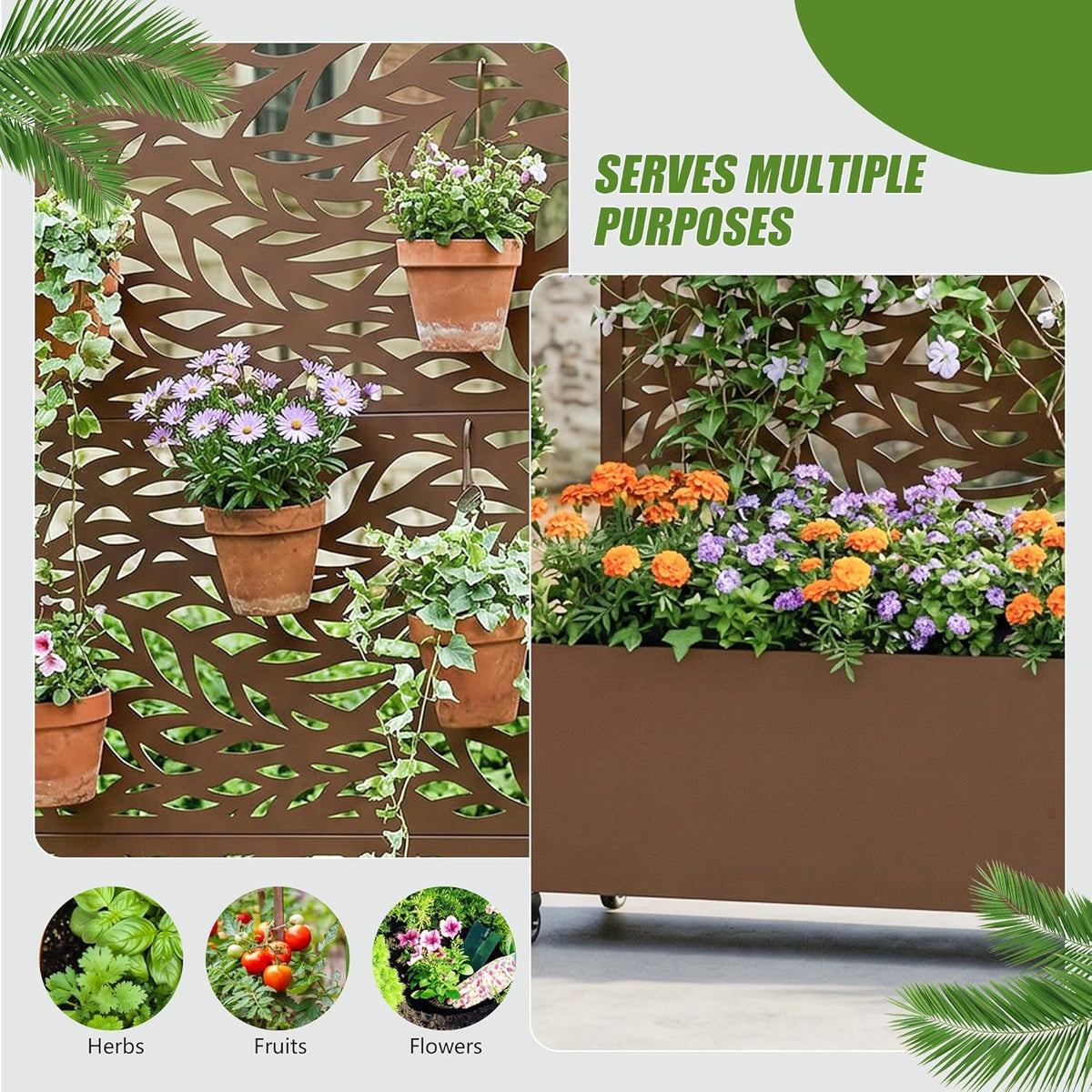 Casaphoria Metal Raised Garden Bed with Trellis and Wheels, 72"x47"x16" Planter Box for Climbing Plants, Vegetables & Vines, Features Drainage Holes and Privacy Screen (Black-Louver) - Colors C