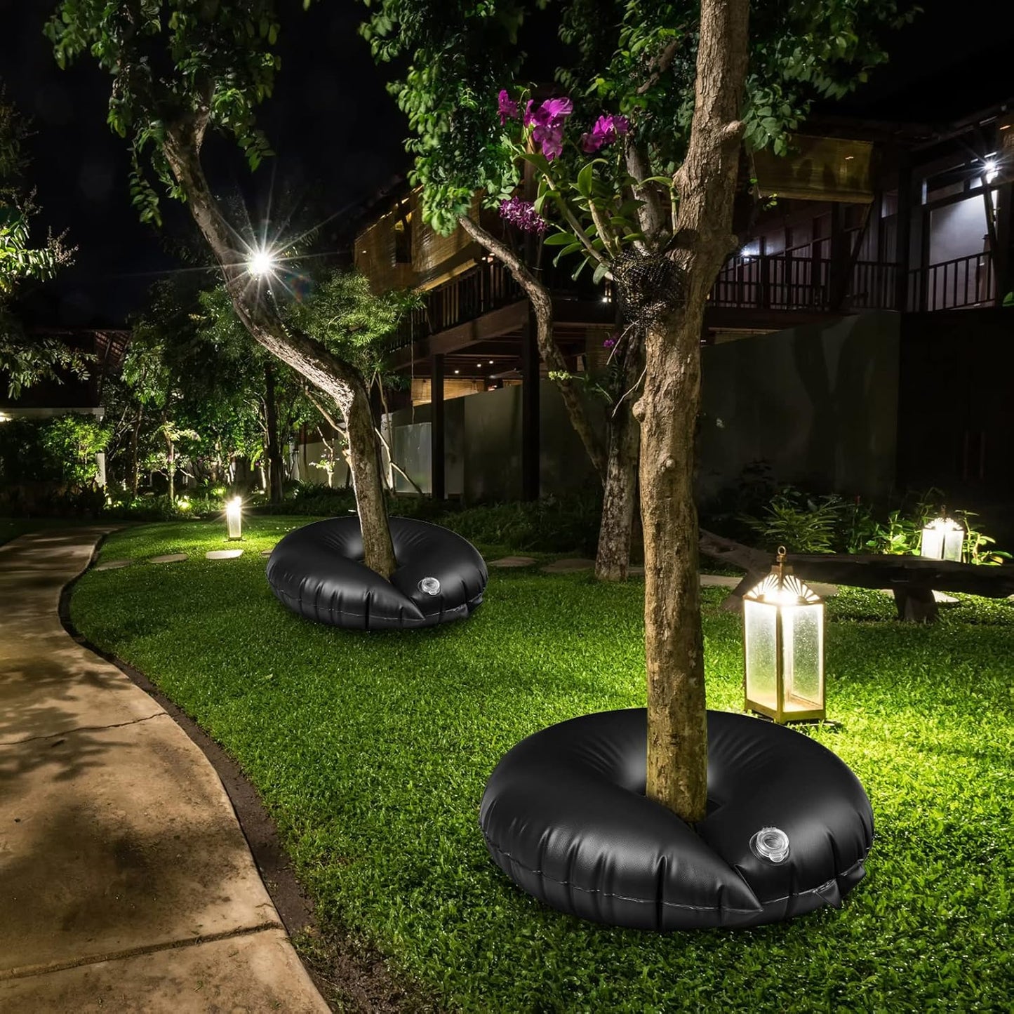 TaoBary 4 Pcs 10 Gallon Tree Watering Ring Bag Slow Release Watering Bag Deep Root Automatic Drip System PVC Drip Irrigation Pouch Donuts for Newly Planted Multi Trunk Trees Shrubs (Black)