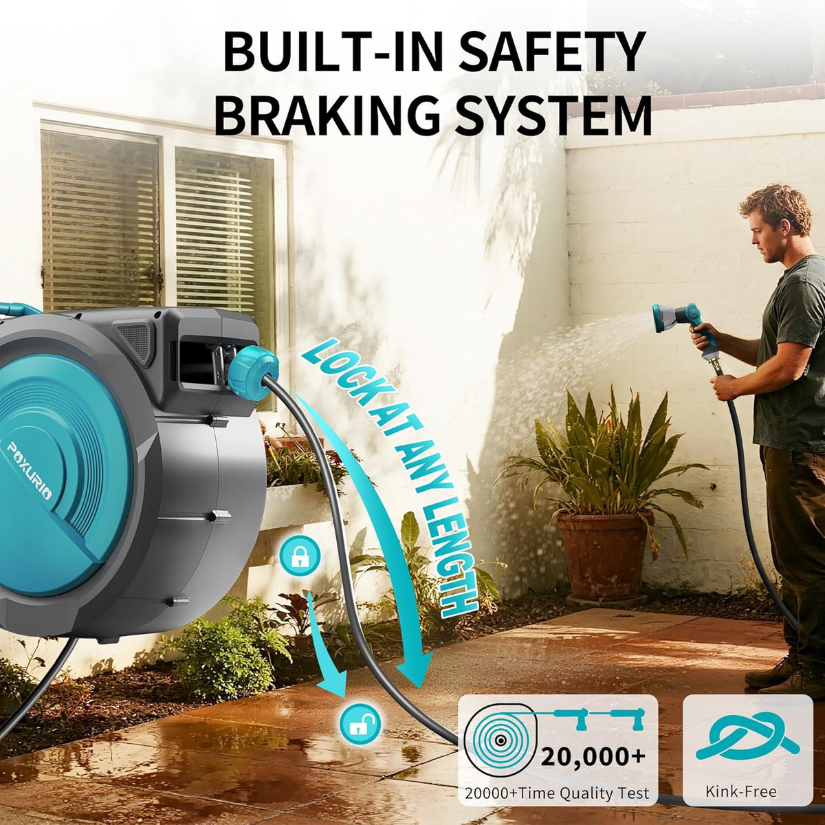 1/2" 150FT Retractable Garden Hose Reel, Wall Mounted Automatic Hose Reel with Upgraded 10 Pattern Nozzle/Any Length Lock/Slow Return System/180°Swivel Bracket, AquaBlue