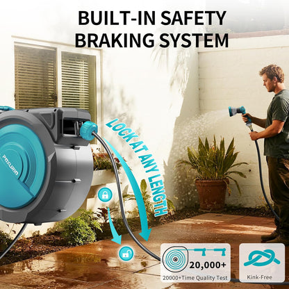 1/2" 150FT Retractable Garden Hose Reel, Wall Mounted Automatic Hose Reel with Upgraded 10 Pattern Nozzle/Any Length Lock/Slow Return System/180°Swivel Bracket, AquaBlue