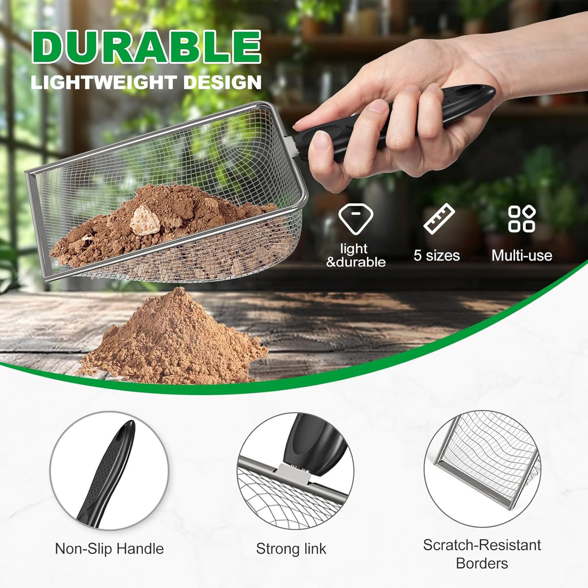 5pcs Soil Sifter Set for Gardening – Includes 2mm/2.8mm/3.8mm/4.3mm/5mm Garden Sifter for Soil, Handheld Compost Sifter for Dirt，Rocks, Heavy-Duty Shovel for Soil, Compost Sifting