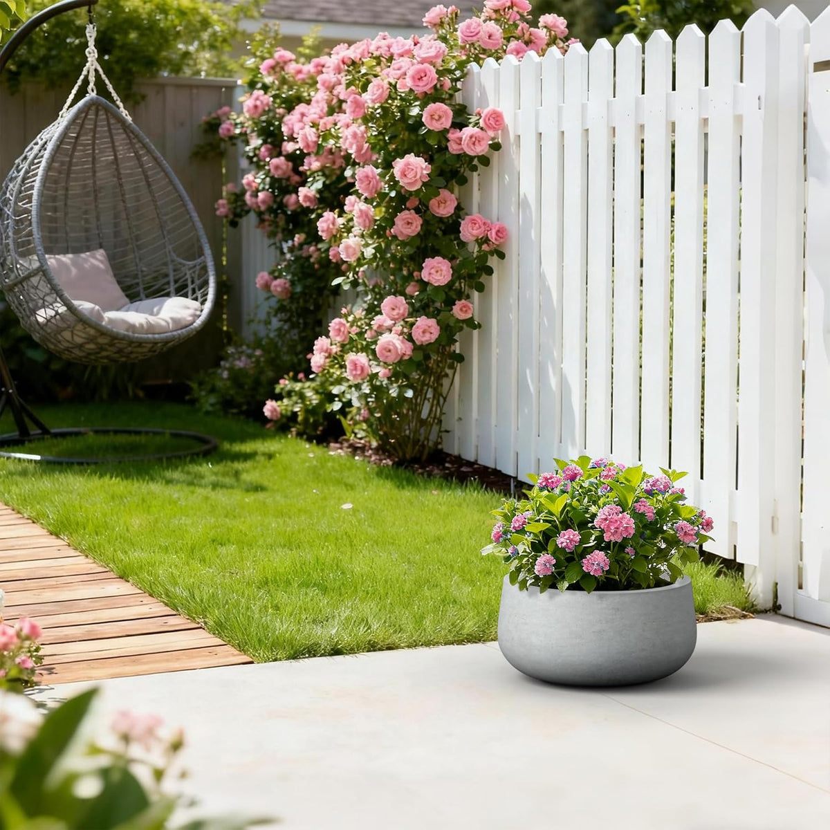 Kante 15.7" Dia Round Concrete Planter, Outdoor Indoor Garden Plant Pots with Drainage Hole and Rubber Plug, Modern Curvaceous Design, Slate Gray