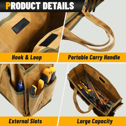 Tool Tote Bag, Heavy Duty 16oz Waxed Canvas Garden Tool Bag | Portable 11-Pocket Tool Storage Bag for Gardener Electrician Contractor Repairman (14"L x 5.5"W x 10.5"H) – Army Green