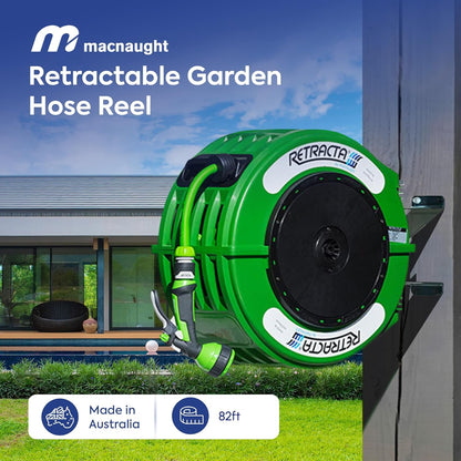 Macnaught Retractable Garden Hose Reel, 82 Ft Water Hose Reel Heavy Duty Retractable Hose with Metal 180° Swivel Rotation Bracket for Wall Mount - Gray