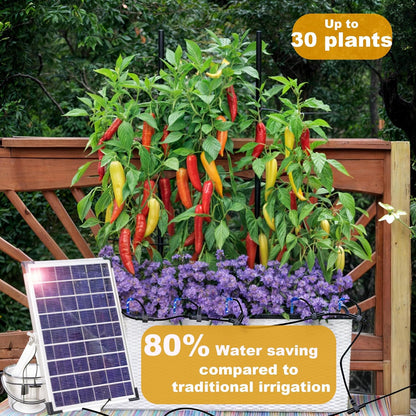 RISINGUP Solar Drip Irrigation System with Timer, Programmable Smart Watering with 2200mAh Battery, Automatic Plants Watering System for 30 Potted Plants Outdoor Garden, Patio, Balcony, Greenhouse