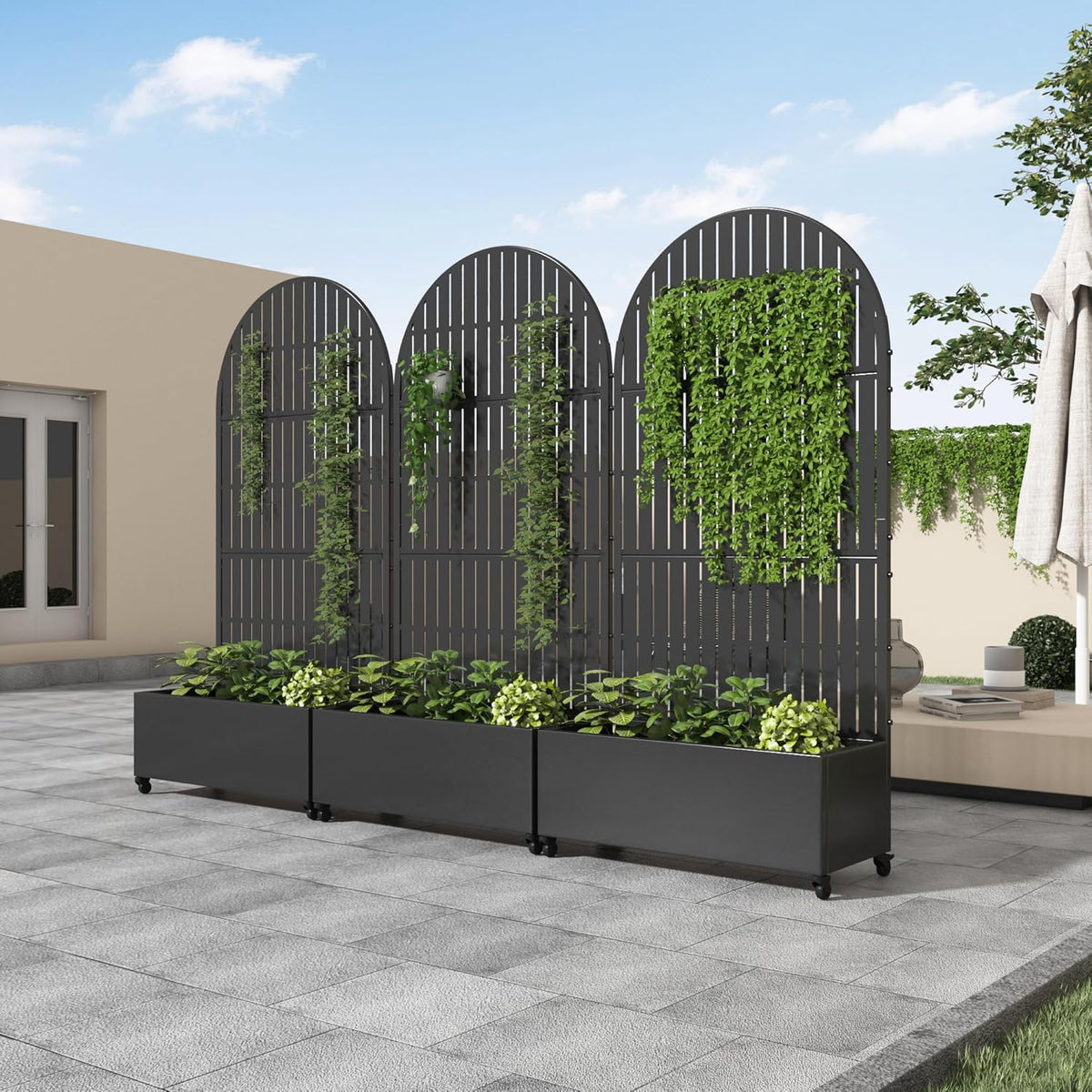 Casaphoria Metal Raised Garden Bed with Trellis and Wheels, 72"x47"x16" Planter Box for Climbing Plants, Vegetables & Vines, Features Drainage Holes and Privacy Screen (Black-Louver) - Colors A