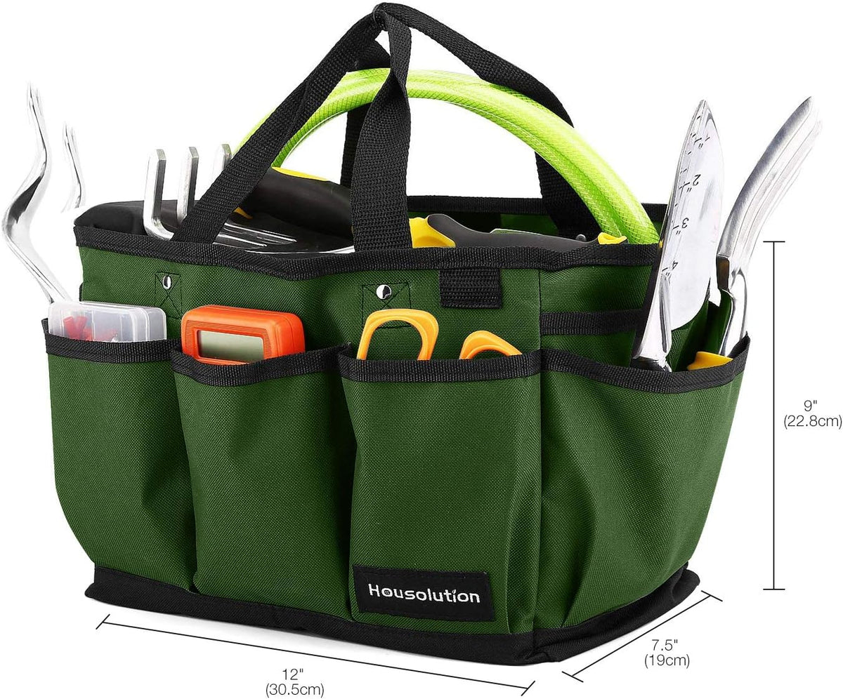 Housolution Gardening Tote Bag, Deluxe Garden Tool Storage Bag and Home Organizer with Pockets, Wear-Resistant & Reusable, 14 Inch, Pink