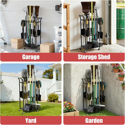 Faesun Garden Tool Organizer, 3-Tier Metal Yard Tool Rack with 14 Hooks & 5 Slots, Holds 50+ Rakes/Shovels/Brooms, Heavy Duty Freestanding Lawn Tool Storage for Garage Shed Outdoor Organization