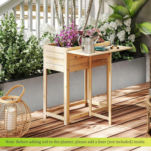 Giantex Wood Raised Garden Bed w/Folding Drop-Leaf Potting Table, Planter Box for Flower Herb Vegetable Fruit, Indoor Outdoor Elevated Raised Beds for Gardening, Backyard, Patio, Balcony