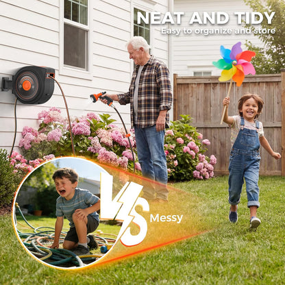 Retractable Garden Hose Reel 65 FT 1/2 IN for Outside, Upgraded 10 Spray Patterns, Heavy Duty Automatic Water Hose Reel with Any Length Lock, Wall Mount, Pro Guide System, 180° Swivel