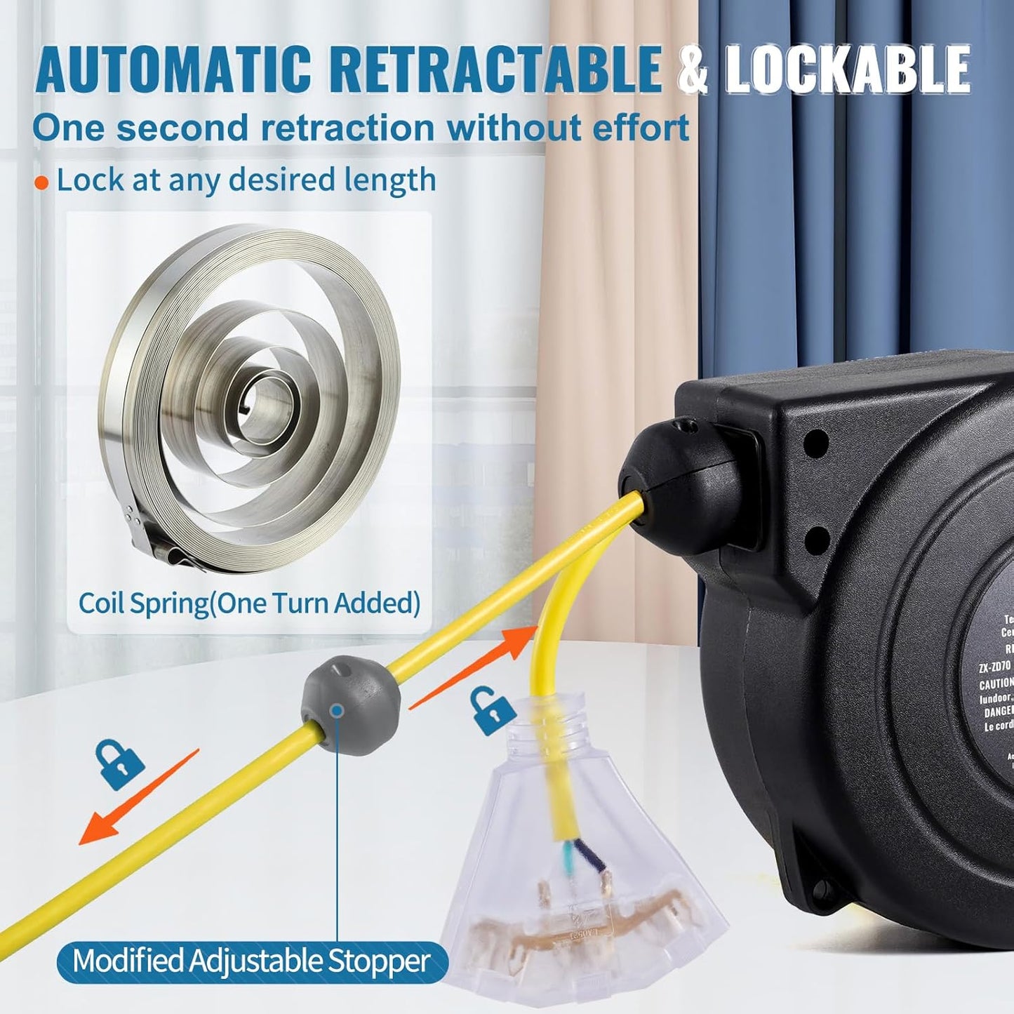 65FT Retractable Extension Cord Reel, Heavy Duty 12AWG/3C SJTOW Cord