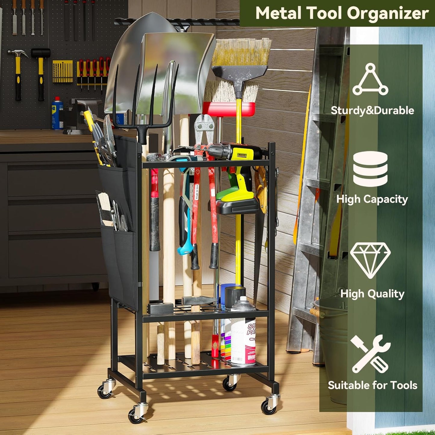 Garden Tool Organizer with Wheels, Rolling Yard Tool Tower Rack Carts for Garage Organization with Large Tool Bags with Pockets, Up to 35 Long-Handled Tools/Rakes/Brooms for Shed, Outdoor, Black