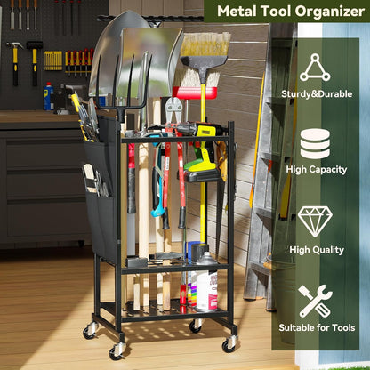 Garden Tool Organizer with Wheels, Rolling Yard Tool Tower Rack Carts for Garage Organization with Large Tool Bags with Pockets, Up to 35 Long-Handled Tools/Rakes/Brooms for Shed, Outdoor, Black