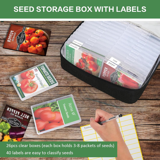 26 Slots Seed Storage Organizer Box with Insulated Bag That Holds 80-200 Seed Envelopes, Oxford Cloth Garden Seed Containers with Labels, Seed Packet Organizer for Plant, Flower ,Vegetable Seeds