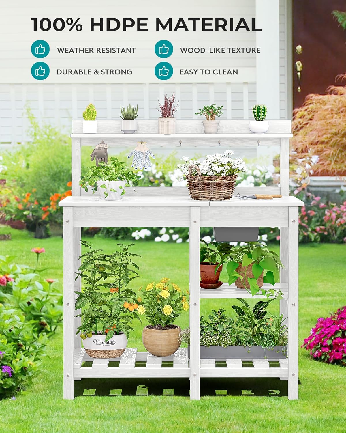 SERWALL Outdoor Potting Bench with Removeable Sink,Rot-Resistant HDPE Potting Table for Outside Gardening, All Weather Use - Gray