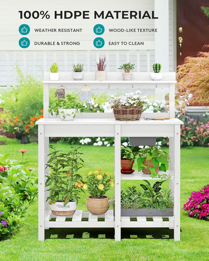 SERWALL Outdoor Potting Bench with Removeable Sink,Rot-Resistant HDPE Potting Table for Outside Gardening, All Weather Use - Gray