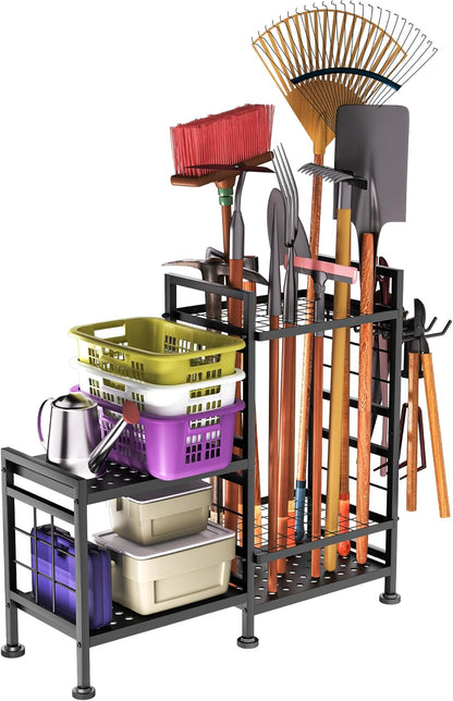3 Tier Garden Tool Organizer, Garage Storage and Organization, Metal Yard Tools Storage up to 78 Tools, Heavy Duty Garden Tool Organizer for Garage, Yard, Patio, Shed, Indoors and Outdoors, Black