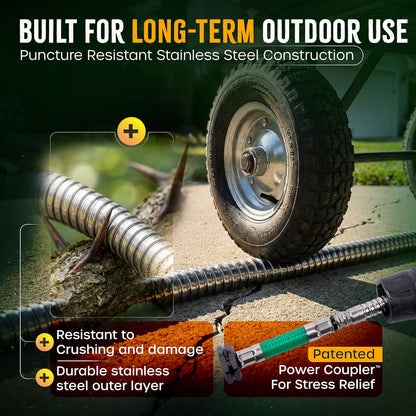 Bernini 40-Ft Metal Garden Hose with Storage Pot, Heavy-Duty, Flexible and Expandable Garden Hose, Kink-Free Stainless Steel, Includes Spray Nozzle & Brass Fittings