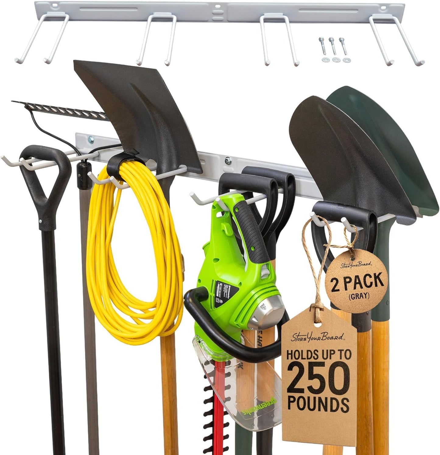 StoreYourBoard 36" Garage Tool Organizer Wall Mount | Garden Tool Organizer System | Heavy Duty Garden Tool Storage Rack for Yard Tools Rakes Shovels 250lbs Garage Organization | 4 PVC Coated Hooks