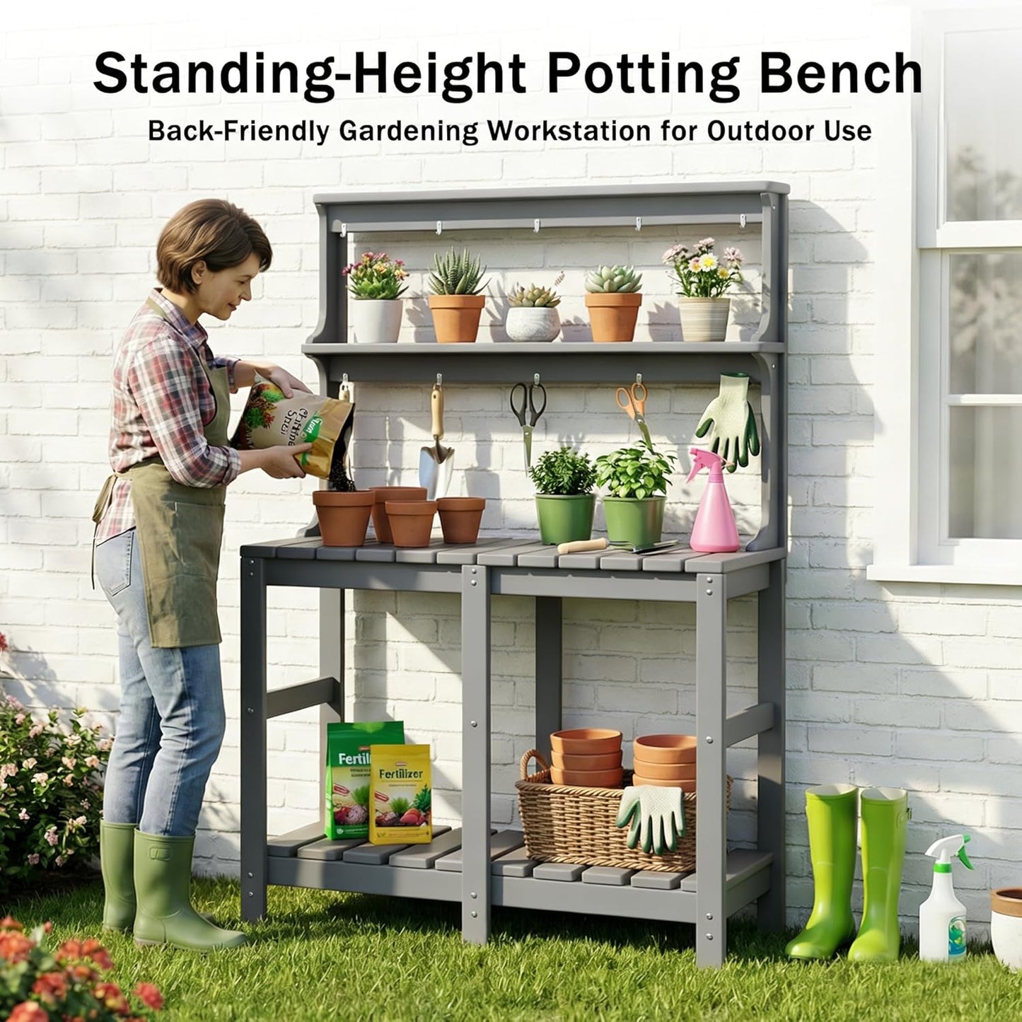Outdoor Potting Bench with 3 Tier, All-Weather Patio Potting Table with Tool Hooks, HDPE Gardening Table for Backyard, Garden, Brown