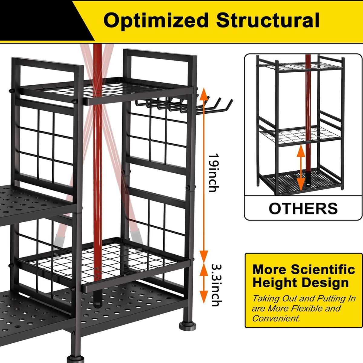 3 Tier Garden Tool Organizer, Garage Storage and Organization, Metal Yard Tools Storage up to 78 Tools, Heavy Duty Garden Tool Organizer for Garage, Yard, Patio, Shed, Indoors and Outdoors, Black
