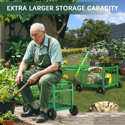 FLINTER Rolling Garden Work Seat with Wheels, Upgraded Heavy Duty Gardenning Cart with Seat - Garden Rolling Stools with Wheels for Seniors, Lawn, Patio & Backyard Gardening, Green