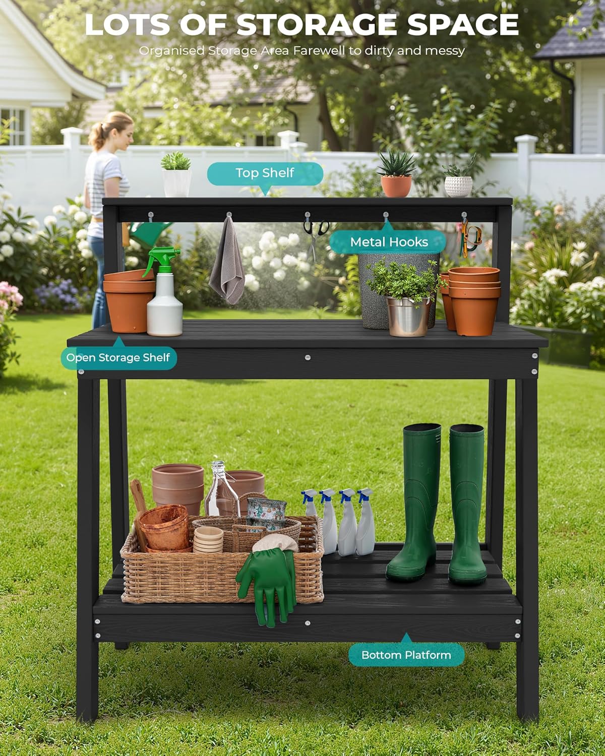 SERWALL Outdoor Potting Bench with Removeable Sink,Rot-Resistant HDPE Potting Table for Outside Gardening, All Weather Use - Gray