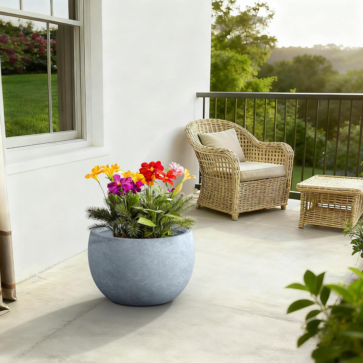 Large Round Bowl Vintage BRN Concrete Planter 19.9" Dia, Outdoor