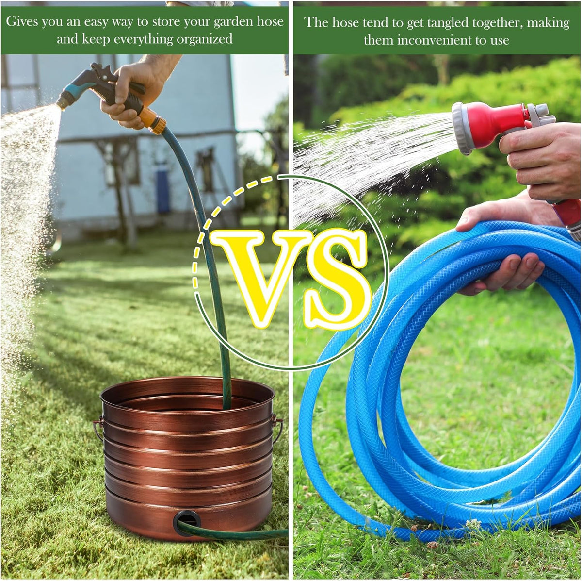 FillTouch Garden Hose Pot with Lid and Handle, Matte Black Ribbed Steel Garden Hose Holder Water Hose Storage Container for Outside Backyard Patio, Holds 100ft Hose