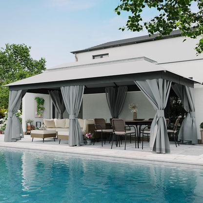 10x20 Gazebo Canopy with 100FT String Lights, Metal Heavy Duty Patio Canopy Tent with Double Roofs, Mosquito Nettings and Privacy Screens for Backyard, Garden, Lawn, Gray