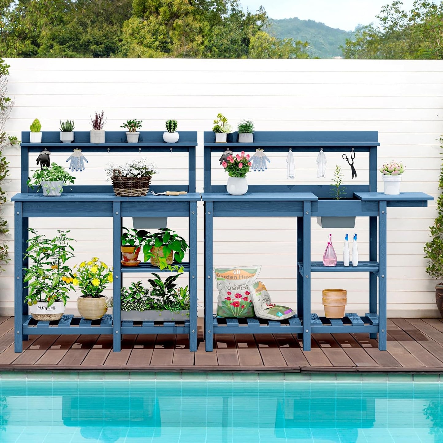 SERWALL Outdoor Potting Bench with Removeable Sink,Rot-Resistant HDPE Potting Table for Outside Gardening, All Weather Use - Gray