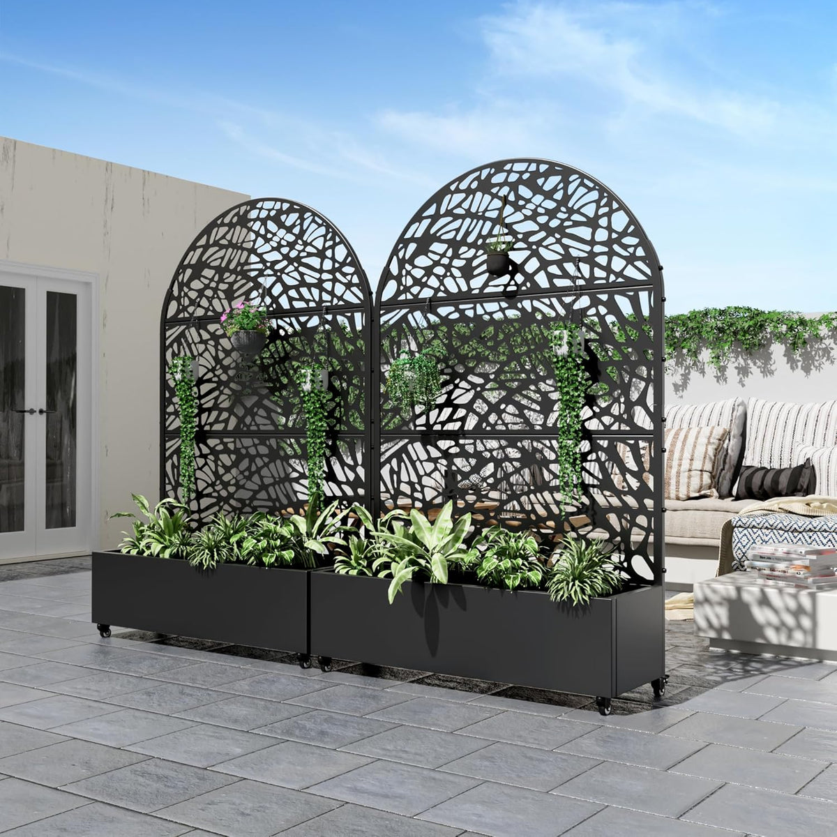 Casaphoria Metal Raised Garden Bed with Trellis and Wheels, 72"x47"x16" Planter Box for Climbing Plants, Vegetables & Vines, Features Drainage Holes and Privacy Screen (Black-Louver) - Colors D