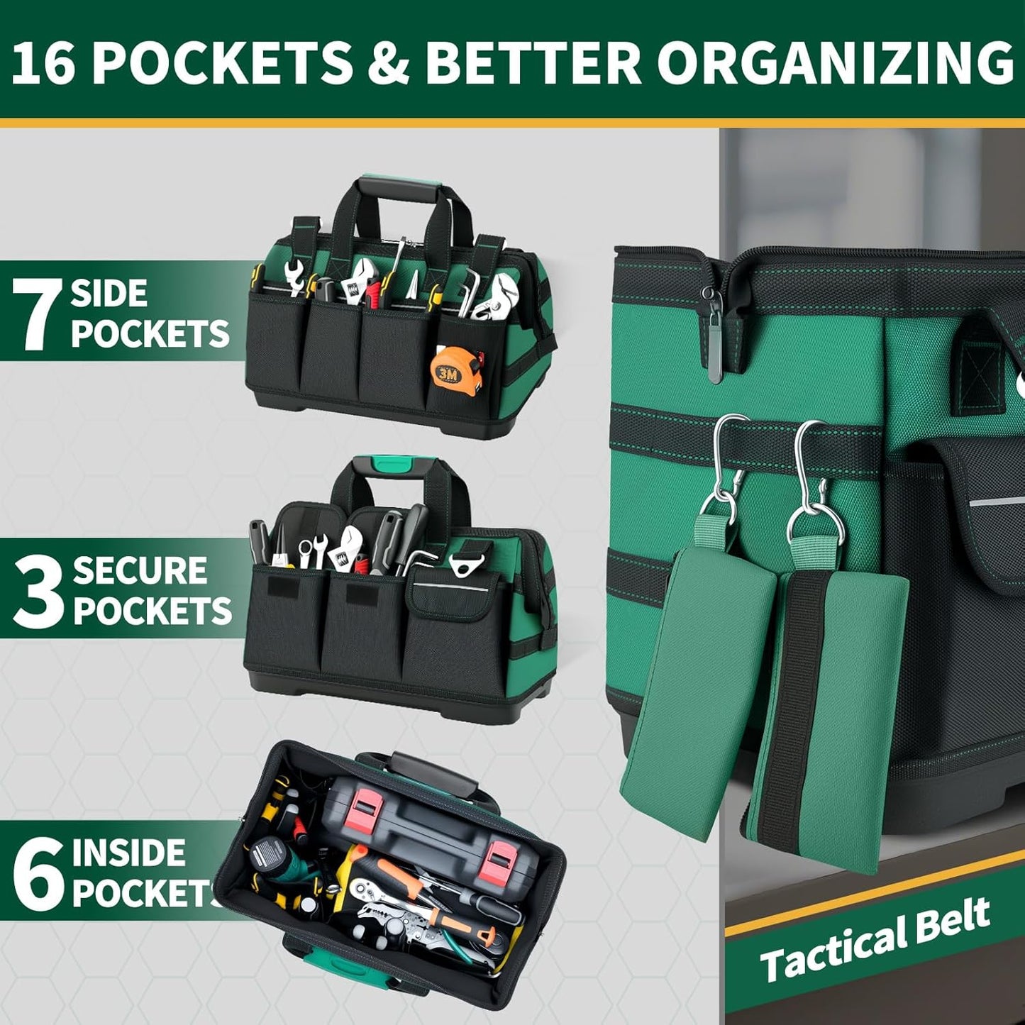 GrenPRO Garden Tool Bag Molded Bottom, Heavy Duty Tool Tote Toolbox with 10 Pockets, Reinforced & Top Snap Closure for Gardening Tools Storage, Dark Green(Tools Not Included)