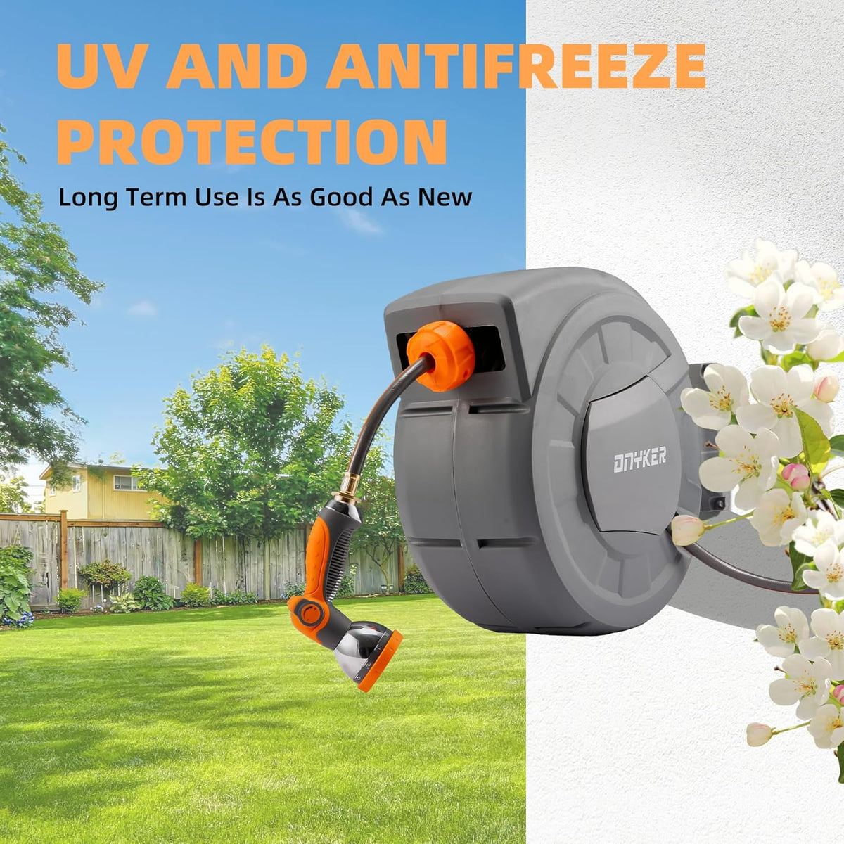 Retractable Garden Hose Reel, 1/2 inch x 100 ft Water Hose Reel Wall Mounted, Any Length Lock, Slow Auto-Rewind, 180°Swivel Bracket & 10 Pattern Nozzle
