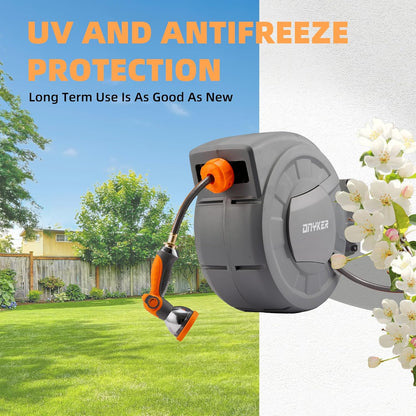 Retractable Garden Hose Reel, 1/2 inch x 100 ft Water Hose Reel Wall Mounted, Any Length Lock, Slow Auto-Rewind, 180°Swivel Bracket & 10 Pattern Nozzle