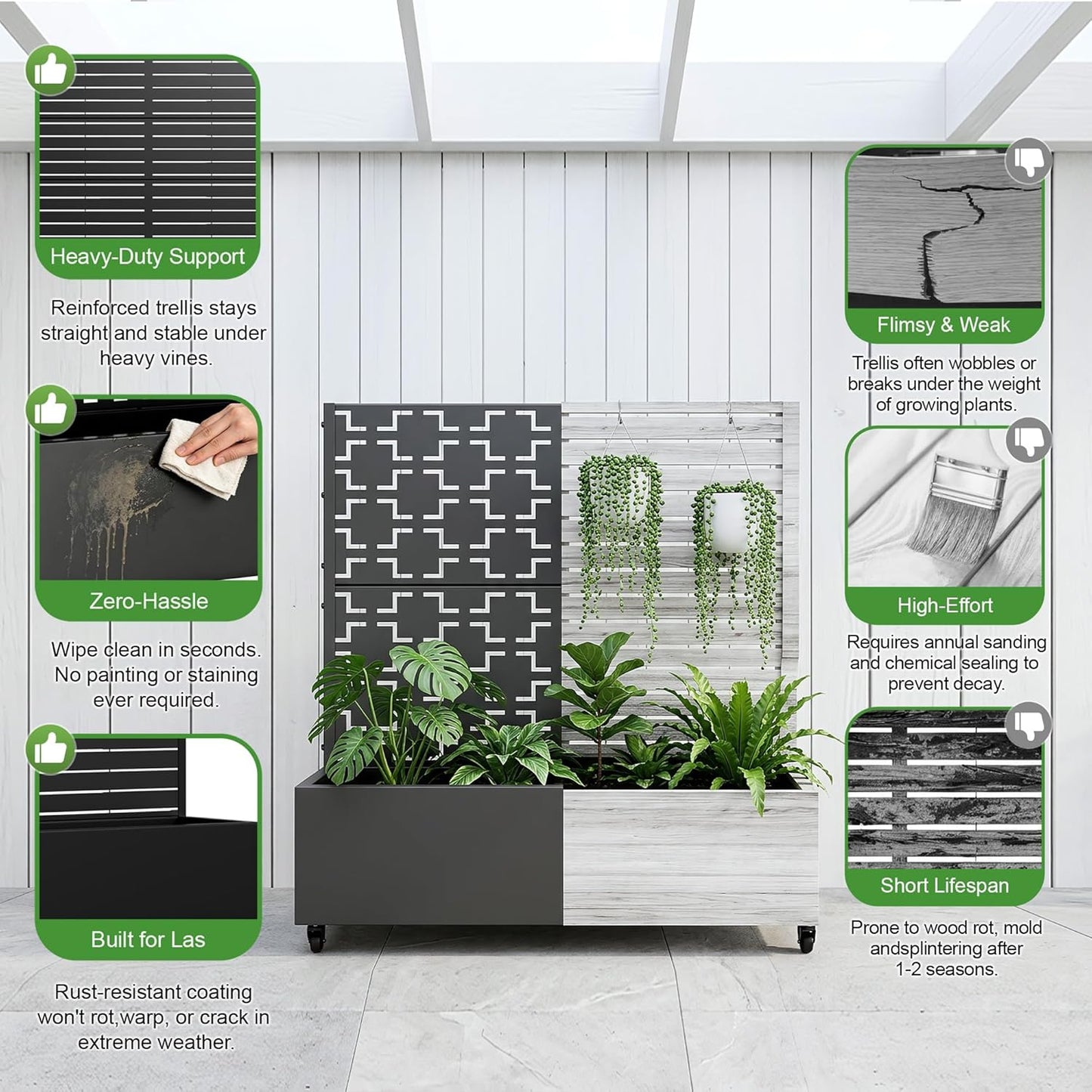Casaphoria Metal Raised Garden Bed with Trellis and Wheels, 72"x47"x16" Planter Box for Climbing Plants, Vegetables & Vines, Features Drainage Holes and Privacy Screen (Black-Louver) - Colors B