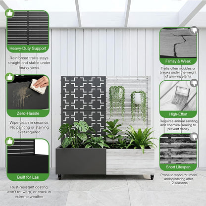 Casaphoria Metal Raised Garden Bed with Trellis and Wheels, 72"x47"x16" Planter Box for Climbing Plants, Vegetables & Vines, Features Drainage Holes and Privacy Screen (Black-Louver) - Colors B