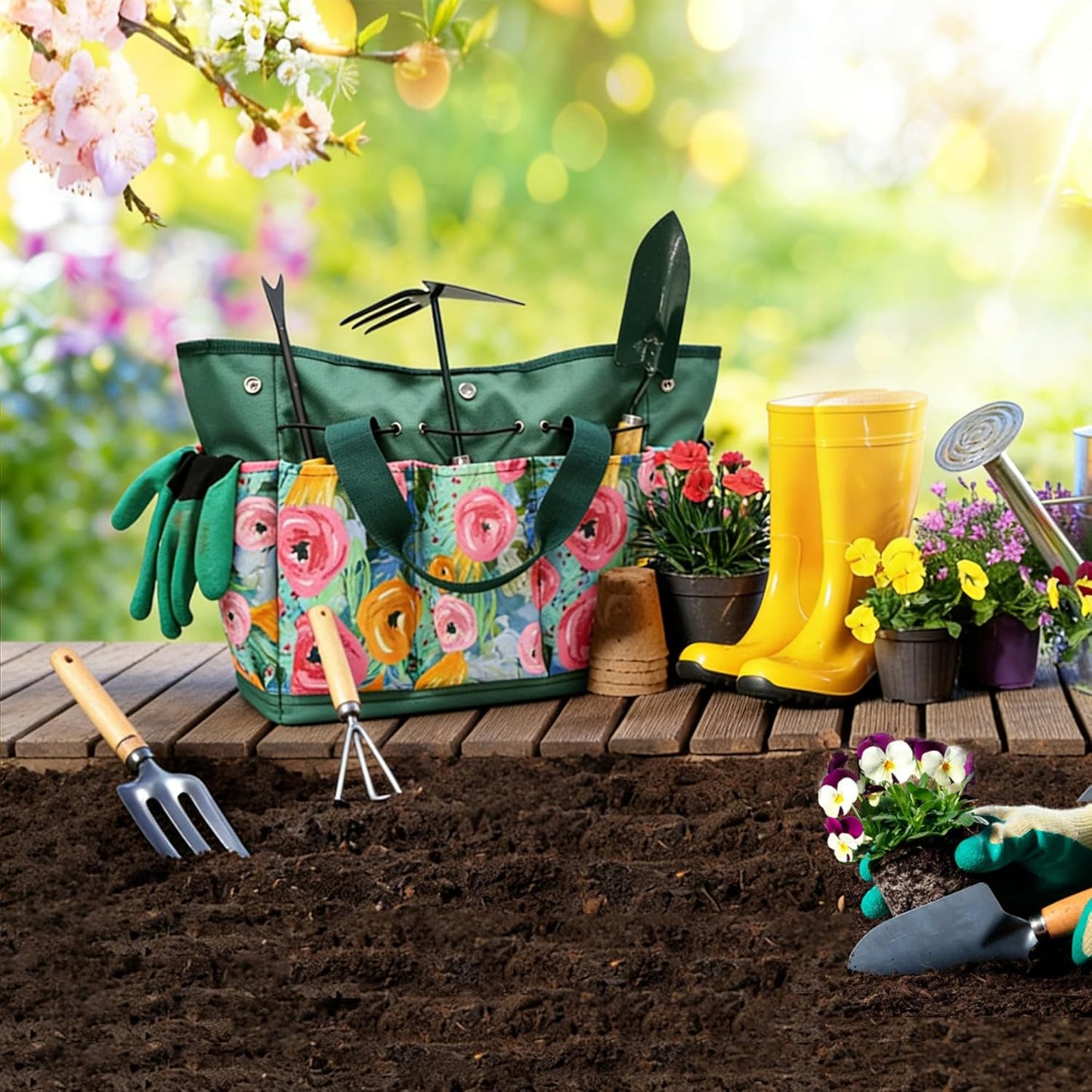 Waterproof Garden Tool Bag, 600D Oxford Portable Gardening Tote with Handle & Multi Pockets, Ideal Gifts for Parents Women (Green, Tools Not Included)