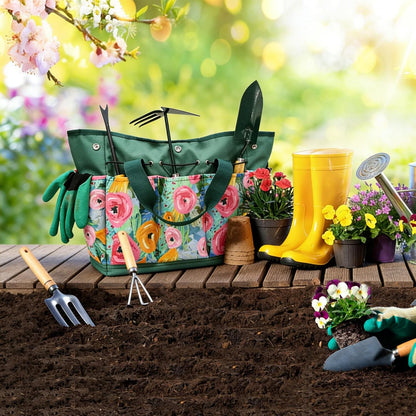 Waterproof Garden Tool Bag, 600D Oxford Portable Gardening Tote with Handle & Multi Pockets, Ideal Gifts for Parents Women (Green, Tools Not Included)
