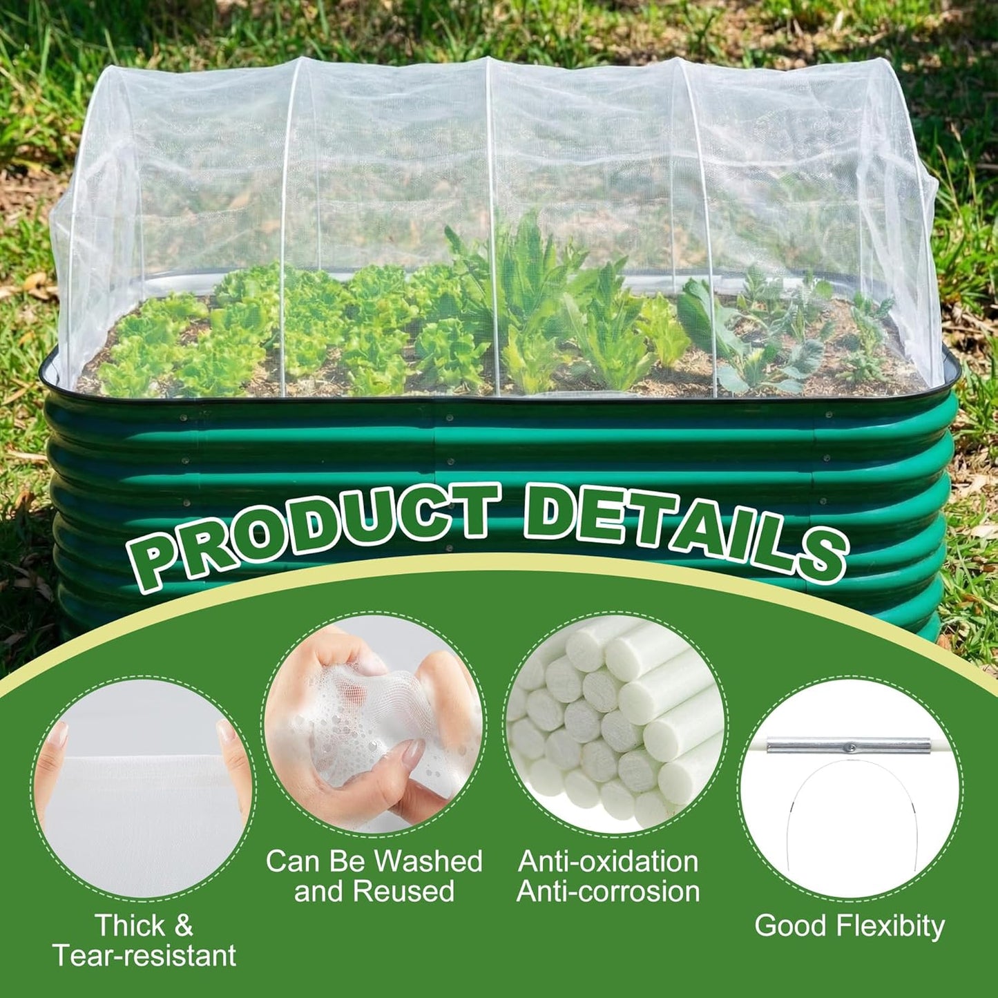 2 Set Garden Netting Kit for Raised Beds 4.9x2.3x1.5 ft Ultra Fine Mesh Plant Cover with Garden Hoops Drawstring & Clips Insect Netting Pest Barrier Screen for Vegetables Fruits Protection