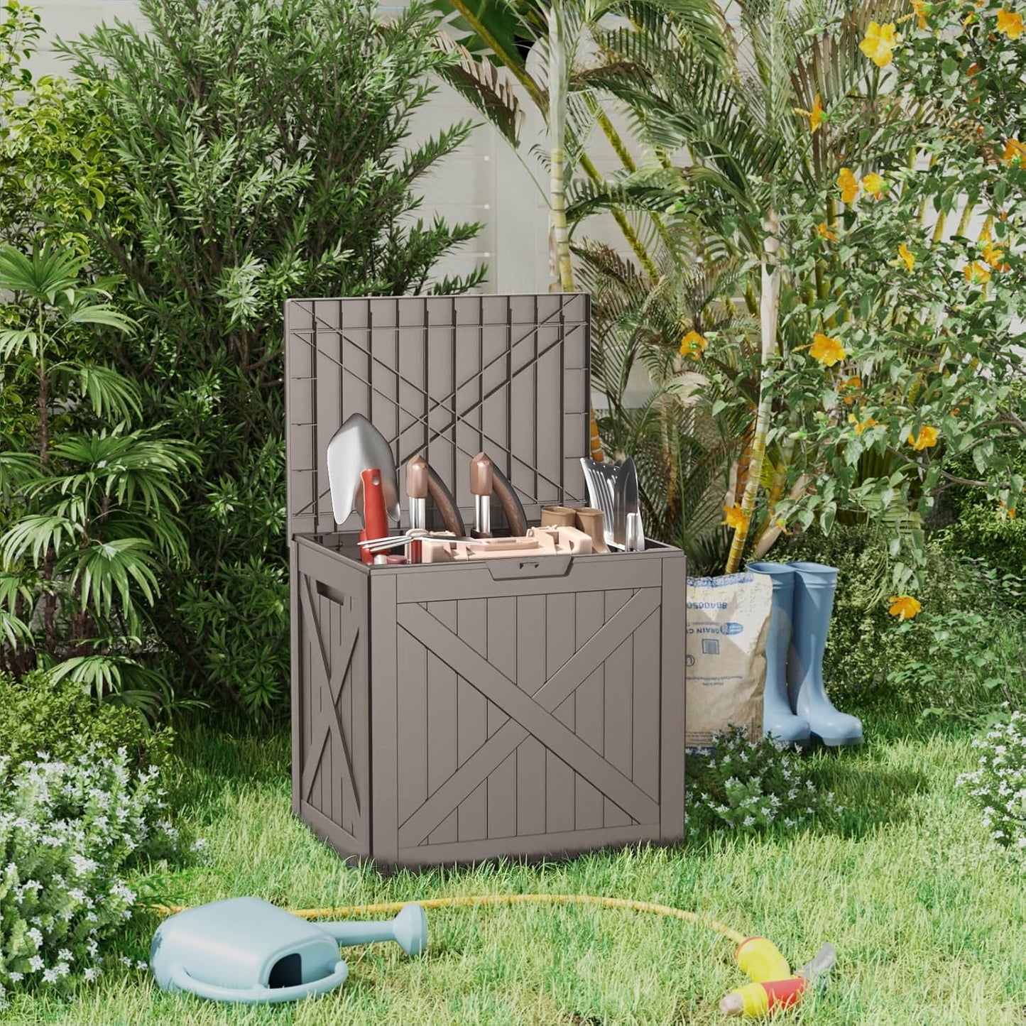 30 Gallon Outdoor Deck Box, Lockable Waterproof Outdoor Storage Boxes For Garden Tools,Indoor Cushions,Accessories Outside Storage Resin Weatherproof Container(Black)
