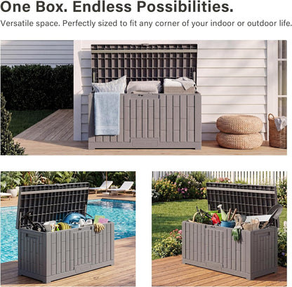 EAST OAK Outdoor Storage Box, 31 Gallon Deck Box Indoor and Outdoor Use, Waterproof Resin Storage Bin for Package Delivery, Patio Cushions, Gardening Tools, Lockable, UV Resistant, Grey