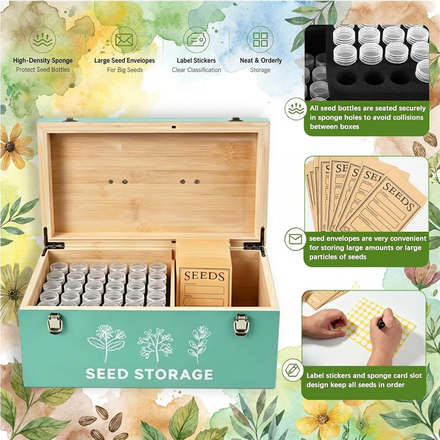 60 Slots Seed Storage Organizer, Metal Seed Saving Box with Lid and Safety Locks, Seeds Storage Container with 60 Seeds Envelopes and 64 Label, 3 Compartments, Perfect for Flower Plants Garden