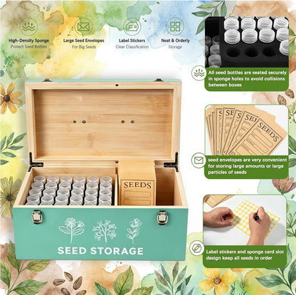 60 Slots Seed Storage Organizer, Metal Seed Saving Box with Lid and Safety Locks, Seeds Storage Container with 60 Seeds Envelopes and 64 Label, 3 Compartments, Perfect for Flower Plants Garden