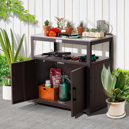Feasto Outdoor Potting Bench with Storage, Stainless Steel Tabletop Garden Work Bench with Storage Cabinet & Removable Inner Shelf for Patio Lawn Outdoor Gardening