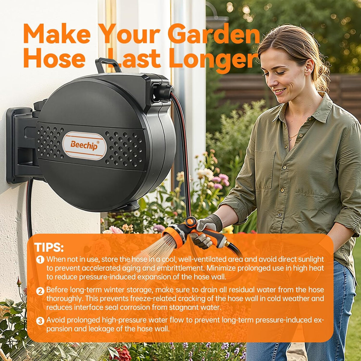Retractable Garden Hose Reel, 1/2 in x 100 ft, Wall Mounted with 10-Function Nozzle, Any Length Lock & Slow Auto Rewind System, 180° Swivel Bracket, Black
