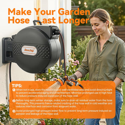 Retractable Garden Hose Reel, 1/2 in x 100 ft, Wall Mounted with 10-Function Nozzle, Any Length Lock & Slow Auto Rewind System, 180° Swivel Bracket, Black